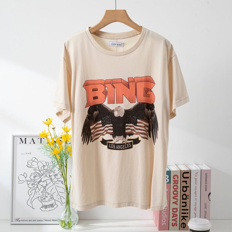 Beige Eagle Flag Printed Distressed Washed Ladies Short Sleeve T-Shirt-ABT18AP - 图片 2