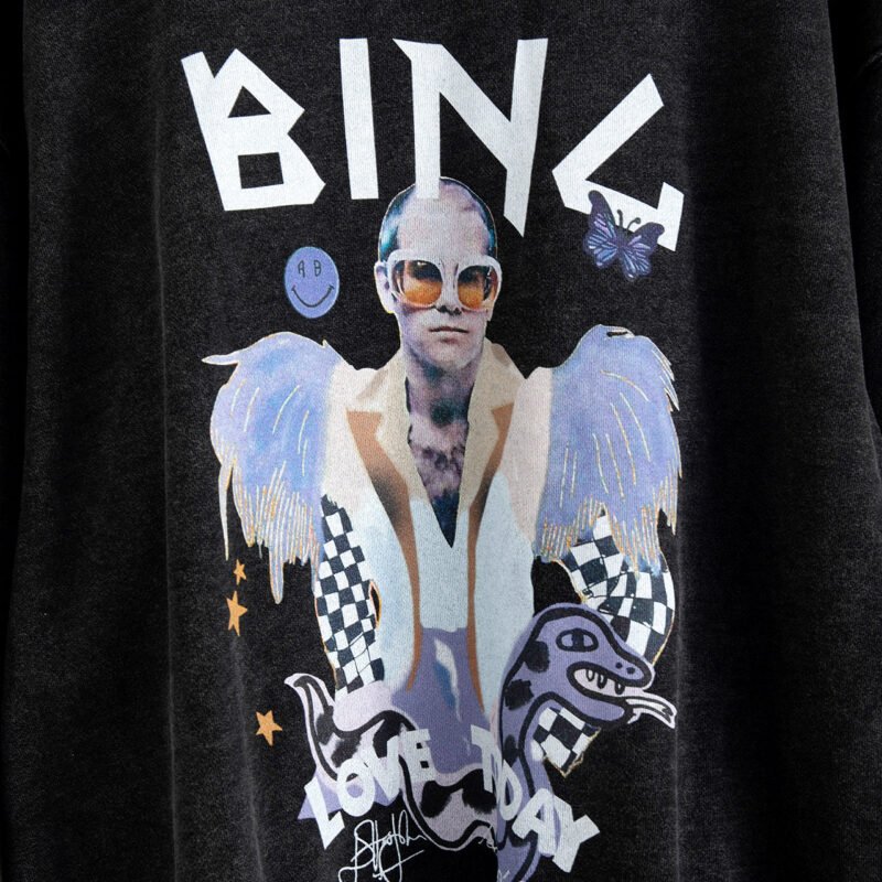 Autumn and Winter Glasses Men with Wings White Ink Digital Printing Washed Color Fried Snowflake Sweatshirt-ABS2438BK - 图片 4