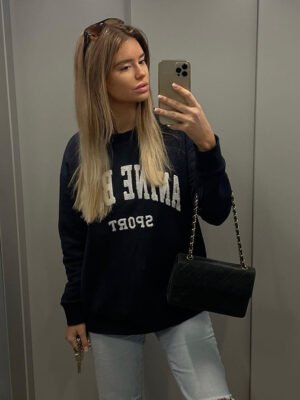 Letter Embroidery Loose Navy Blue Cotton Fleece Women's Sweatshirt Long Sleeve Round Neck Pullover-ABS2407DBL