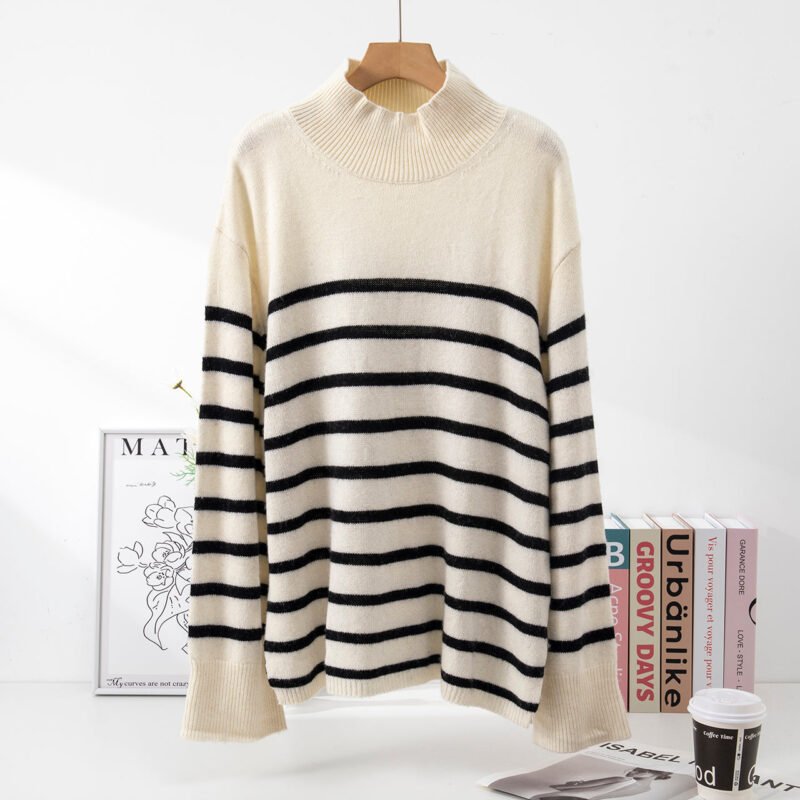 Striped Turtleneck Cashmere Women's Sweater-ABB05stri - 图片 2