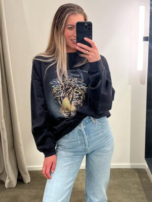 Tiger Head White Ink Digital Print Washed and Fried Color Distressed Women's Sweatshirt-ABS2415BK