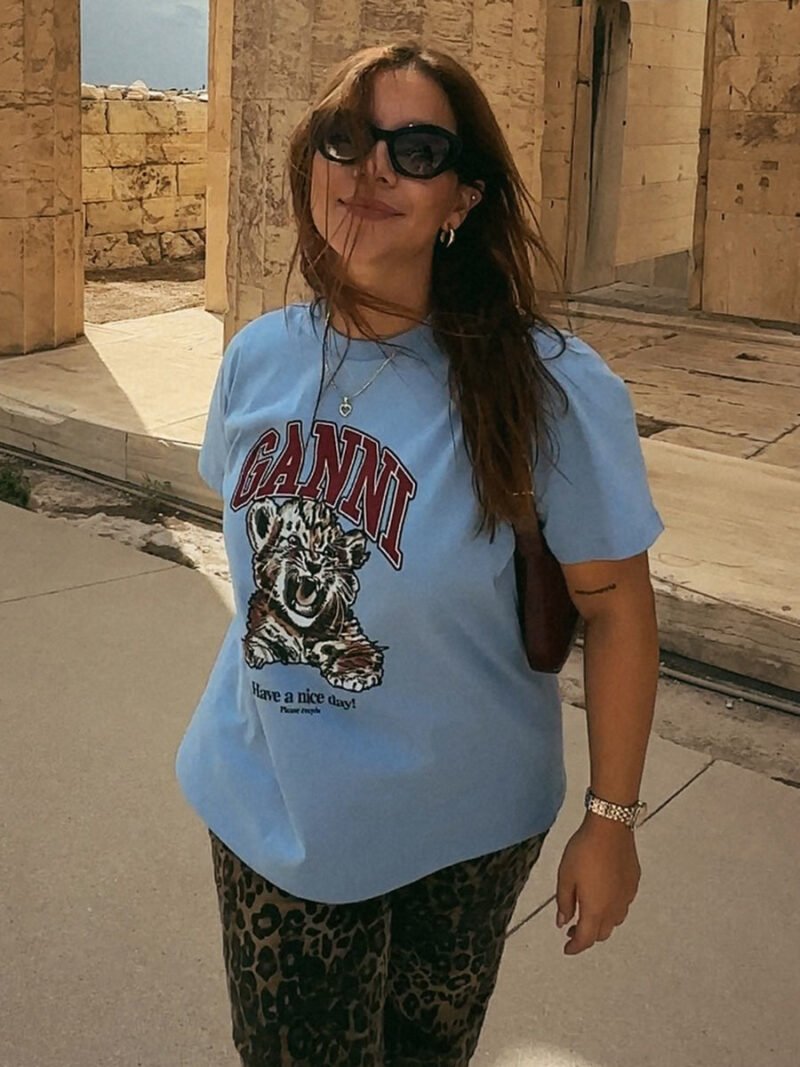 Tiger Printed Letter Cotton Round Neck Short Sleeve Tops T-shirt Women-GN20
