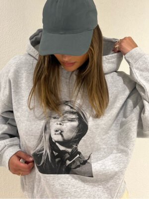 Women's Loose Hooded Fleece Sweatshirt with Beautiful Girl Holding Cigarette Print-ABS2447GY