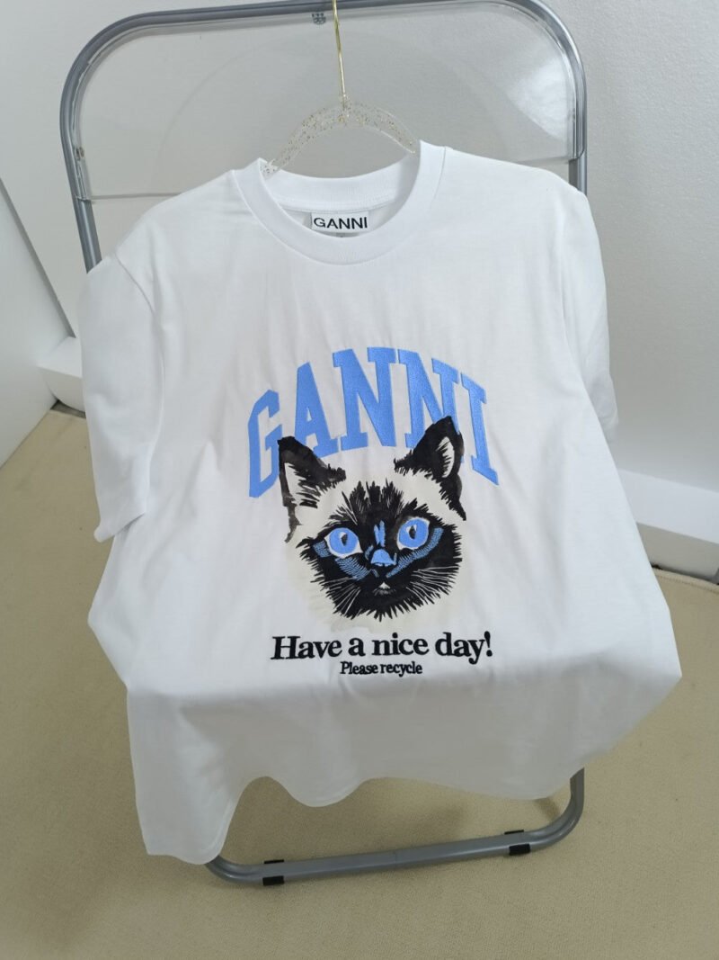 Blue Letter Embroidery Cat Printed T-shirts Women Crew Neck Cotton Short Sleeve Tops Tees-GN20 - 图片 6