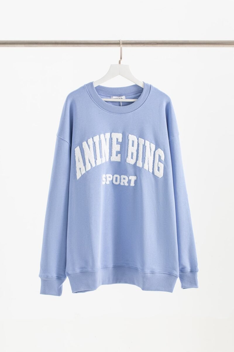 Letter Embroidery Loose Blue Cotton Fleece Women's Sweatshirt Long Sleeve Round Neck Pullover-ABS2419BL - 图片 29