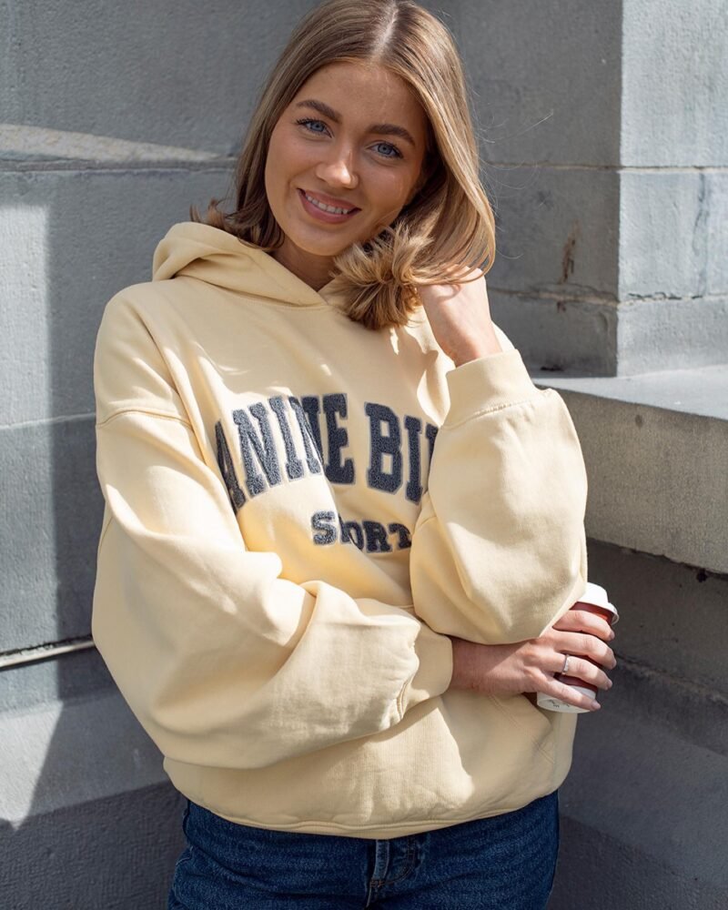 Yellow Classic Letter Hand-cranked Embroidered Round Neck Lining Plus Velvet Women's Hooded Sweatshirt-ABS2408YEL