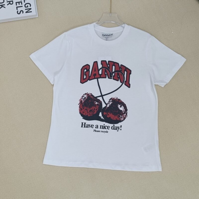 Cherry Print Letter Black Cotton T-shirt Women Summer O-neck Casual Fashion T-shirts-GN07 - 图片 36