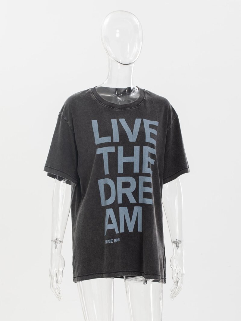 Summer Letter Printing Fried Color Washing Loose Distressed Women's Short-sleeved T-shirt-ABC02BK - 图片 5