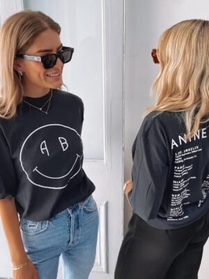 Smiley Face Printed Cotton Crew Neck Black Women's Short Sleeve T-Shirt-ABT02BK