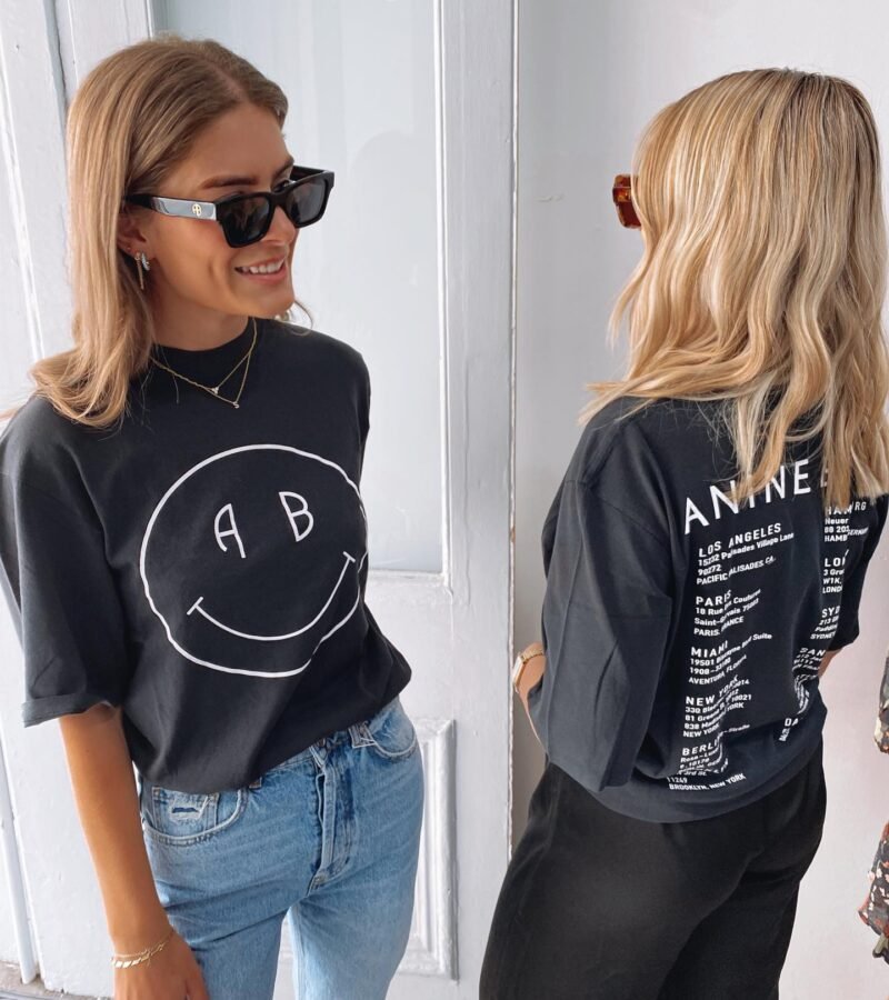 Smiley Face Printed Cotton Crew Neck Black Women's Short Sleeve T-Shirt-ABT02BK