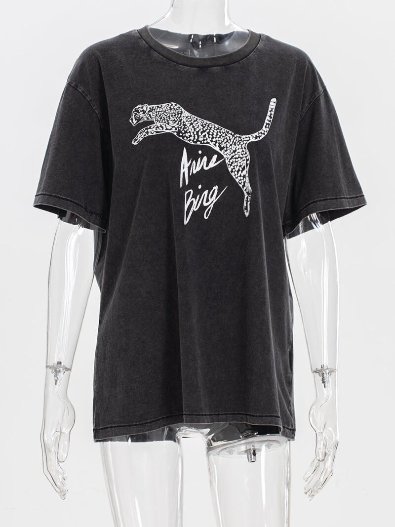 2025 Summer White Leopard Letter Printed Black and Gray Women's Short Sleeve T-shirt-ABT48BKD - 图片 8