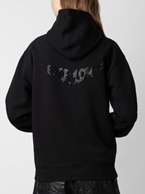Black Velvet Sweatshirt Back Wings Diamond Women's Zipper Hooded Jacket-DH-ZV-53