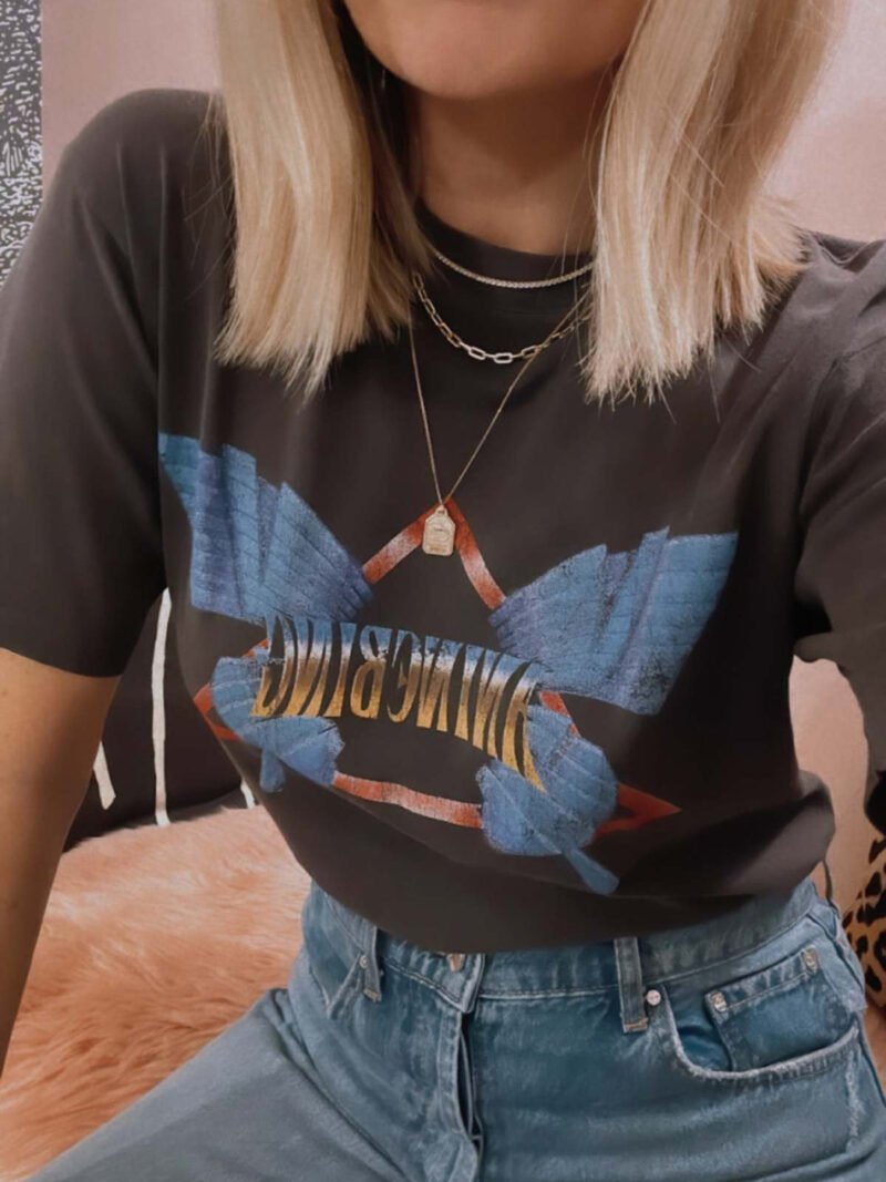 White Ink Digital Print Butterfly Washed Short-sleeved T-shirt for Women Tops-ABT27BK - 图片 12