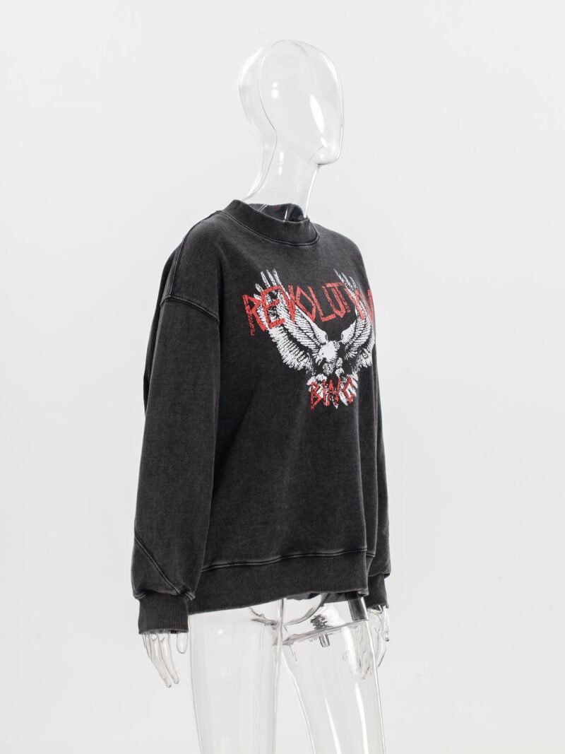 Autumn and Winter White Eagle Print Fried Color Washed Black and Gray Distressed Women's Sweatshirt-ABS2479BK - 图片 5