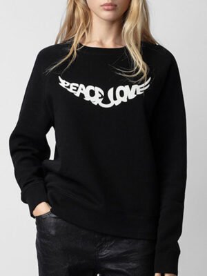 Wings Print Raglan Sleeve Black Crew Neck Cotton Women's Sweatshirt-DH-ZV-50