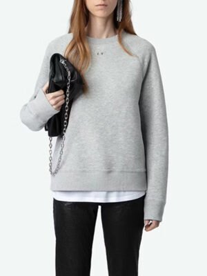 Grey Crew Neck Wings Rhinestone Sleeve Print Women's Sweatshirt-DH-ZV-3