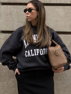 Black Classic Letter Patch Embroidery Fried Color Dyed Washed Distressed Women's Sweatshirt-ABS2482BK
