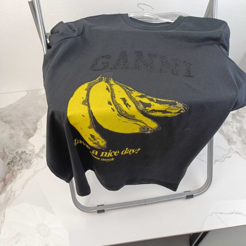 Diamonds Letter Fruit Printed T-shirt Cotton Crew Neck Short Sleeve Black T-shirts Women-GN18 - 图片 5
