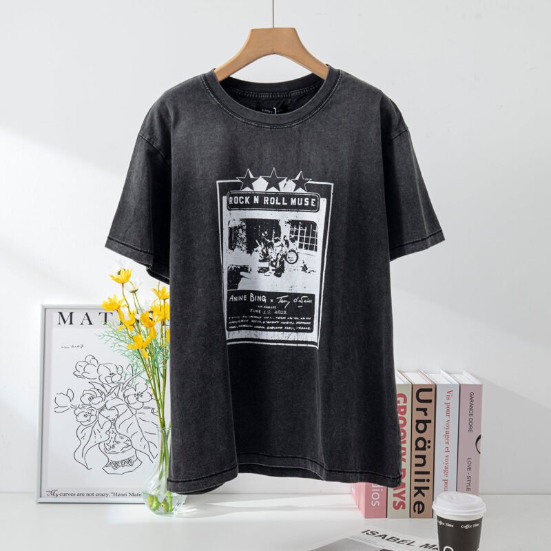 Retro Black Short-sleeved T-shirt with Star Motorcycle Print Pullovers-ABT41BK - 图片 2