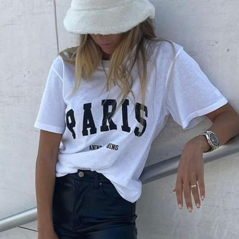 Paris Letter Print Sleeve Logo Embroidery Cotton Women's Short-sleeved T-shirt-ABT08WT