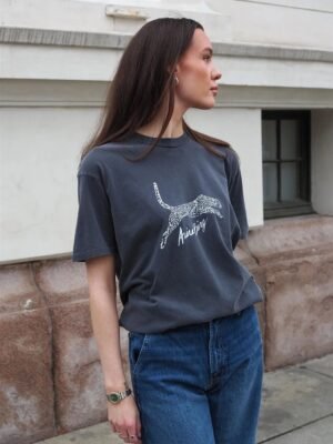 White Leopard Letter Print Black and Gray Women's Short-sleeved T-shirt-ABT47BKS