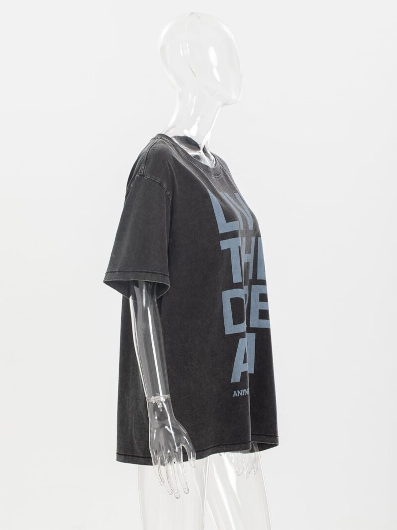 Summer Letter Printing Fried Color Washing Loose Distressed Women's Short-sleeved T-shirt-ABC02BK - 图片 7