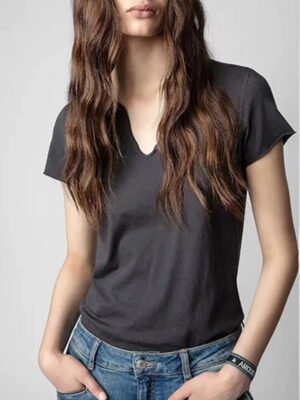 Letter Print Hot Diamond U-neck Women's Short-sleeved T-shirt-DH-ZV-9