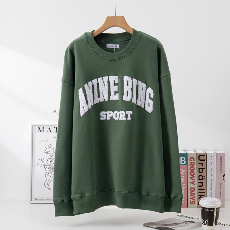 Letter Embroidery Loose Navy Blue Cotton Fleece Women's Sweatshirt Long Sleeve Round Neck Pullover-ABS2407DBL - 图片 7