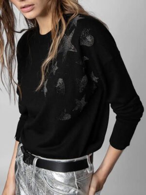 Star Heart Hot Diamond Black Cashmere Knit Women's Sweater-DH-ZV-31