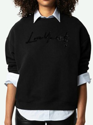 Letter Flocking Hot Diamond Women's Black Crew Neck Sweatshirt-DH-ZV-96