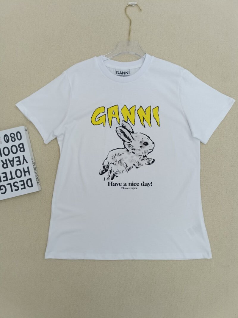Rabbit Printed White Cotton Letter O-neck Short Sleeve T-shirt-GN22 - 图片 6