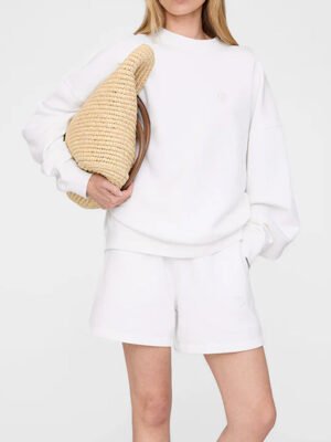 Classic Logo Embroidered Cotton Women's Round Neck Sweatshirt + Shorts 2-piece Set