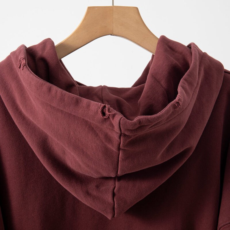 Burgundy Classic Letter Print Dyed Distressed Washed Women's Hooded Sweatshirt-ABS2403RED - 图片 6