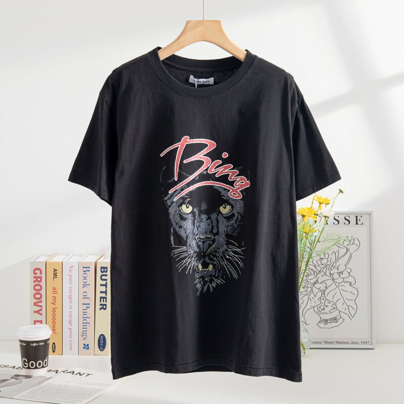 Summer Leopard Head Print Washed Fried Snowflake Ferment Washed Distressed Short-sleeved Women's T-shirt-ABT26BK - 图片 3