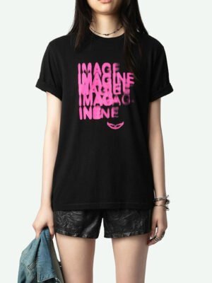 Pink Letter Print Black Cotton Women's Round Neck Short-sleeve T-shirt-DH-ZV-140