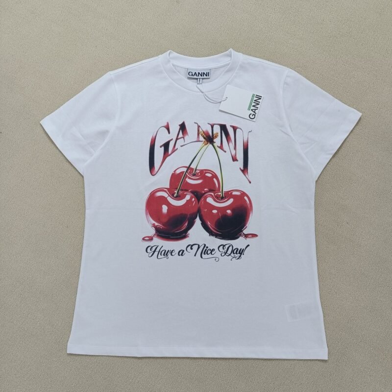 Cherry Print Letter Black Cotton T-shirt Women Summer O-neck Casual Fashion T-shirts-GN07 - 图片 34