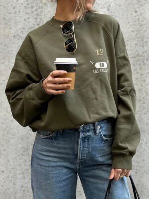 Army Green Letter Print Loose Fleece Women's Sweatshirt-ABS2457GN