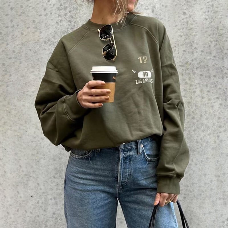 Army Green Letter Print Loose Fleece Women's Sweatshirt-ABS2457GN