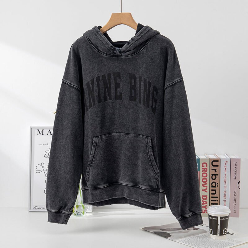 Green Classic Letter Print Washed Color Fried Snowflake Loose Hooded Sweatshirt-ABS2405GN - 图片 15