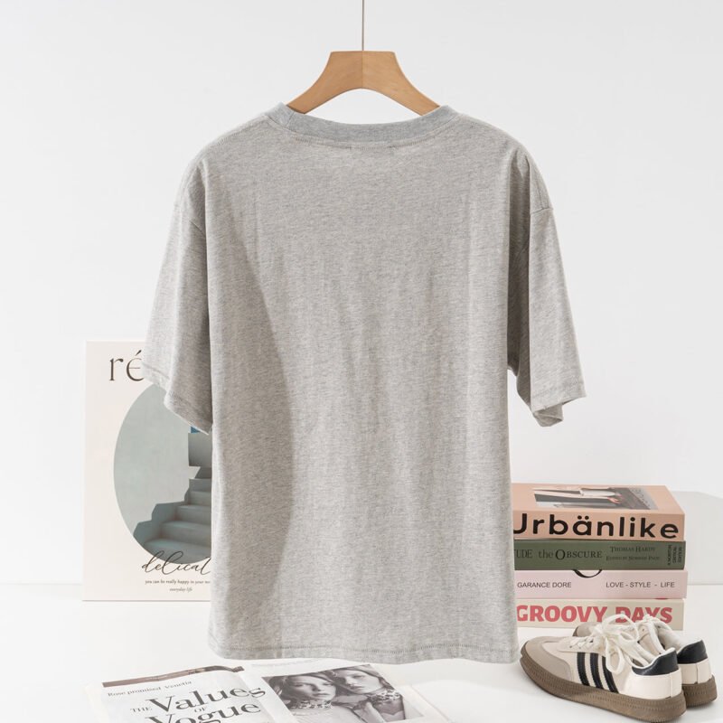 Letter Printed Grey Cotton Women's Round Neck Short Sleeve T-Shirt-ABS2498GY - 图片 3