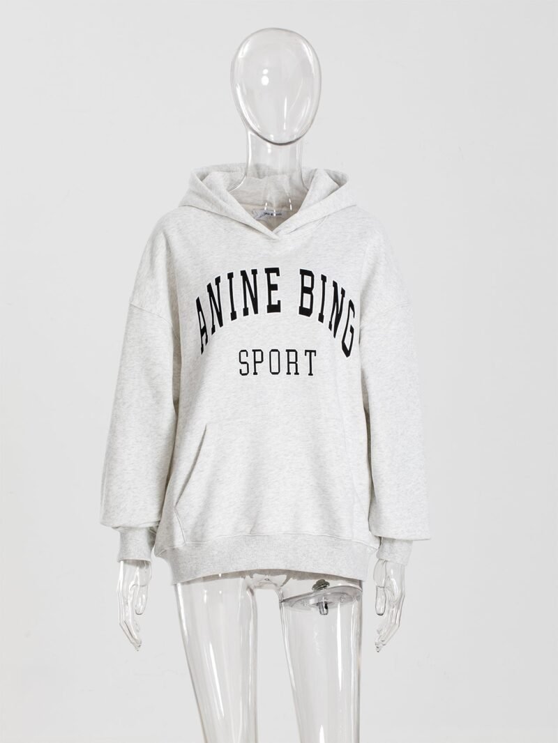 Autumn and Winter Front Printed White Edge Classic Letter Print Sports Women's Hooded Fleece Sweatshirt-ABS2486GY - 图片 6