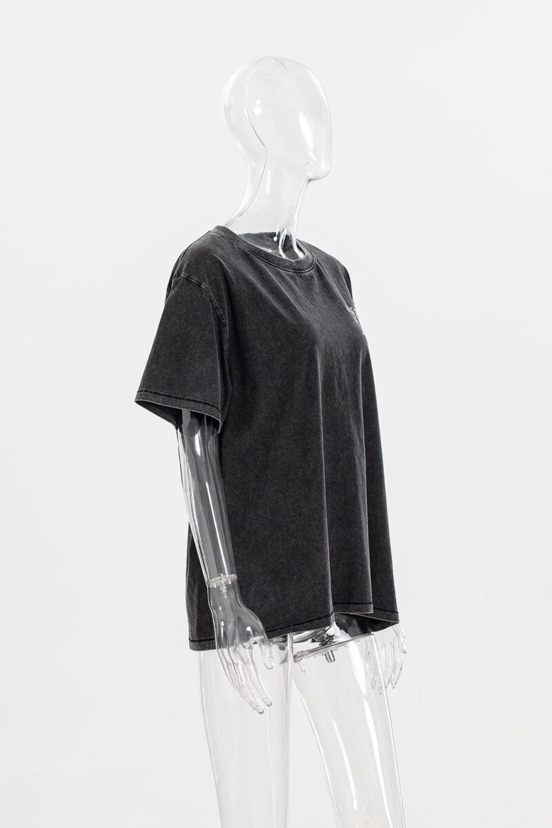 Graffiti Letter Print Loose Distressed Washed Women's Short-sleeved T-shirt-ABC05BK - 图片 4