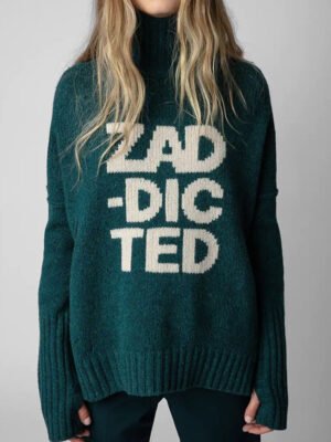 Green Letter Turtleneck Loose Wool Stand Collar Knit  Women Sweater-DH-ZV-38