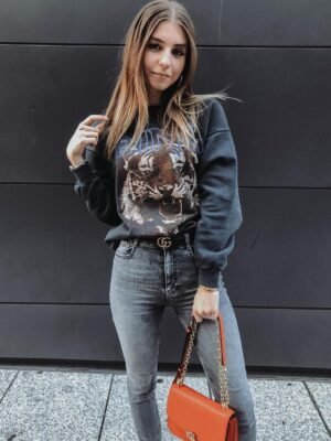 Gray and Black Tiger Head White Ink Digital Print Washed Fried Color Fried Snowflakes Old Sweater for Women-ABS2413BK