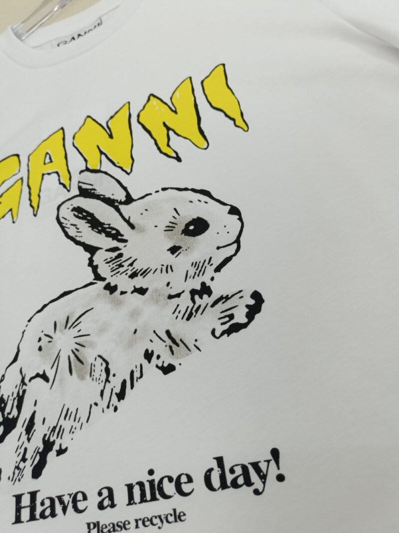 Rabbit Printed White Cotton Letter O-neck Short Sleeve T-shirt-GN22 - 图片 8