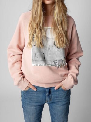 Women's White Ink Digital Print Letters Hot Diamond O-Neck Fleece Sweatshirt-DH-ZV-124