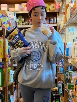 Grey Front Letter Patchwork Round Neck Mid-length Plush Women's Sweatshirt-ABS2490GY