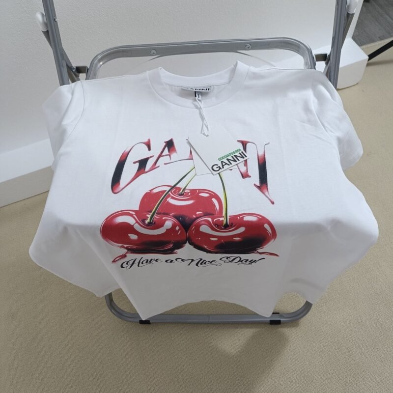 Cherry Print Letter Black Cotton T-shirt Women Summer O-neck Casual Fashion T-shirts-GN07 - 图片 15
