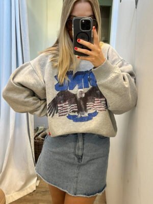 Gray Classic Eagle Digital Print Hem Frayed Fleece Women's Sweatshirt-ABS2467GY