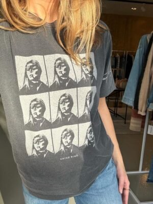 Women's Short-sleeved T-shirt with Multiple Portrait Prints and Washed and Distressed Tops-ABT06BK